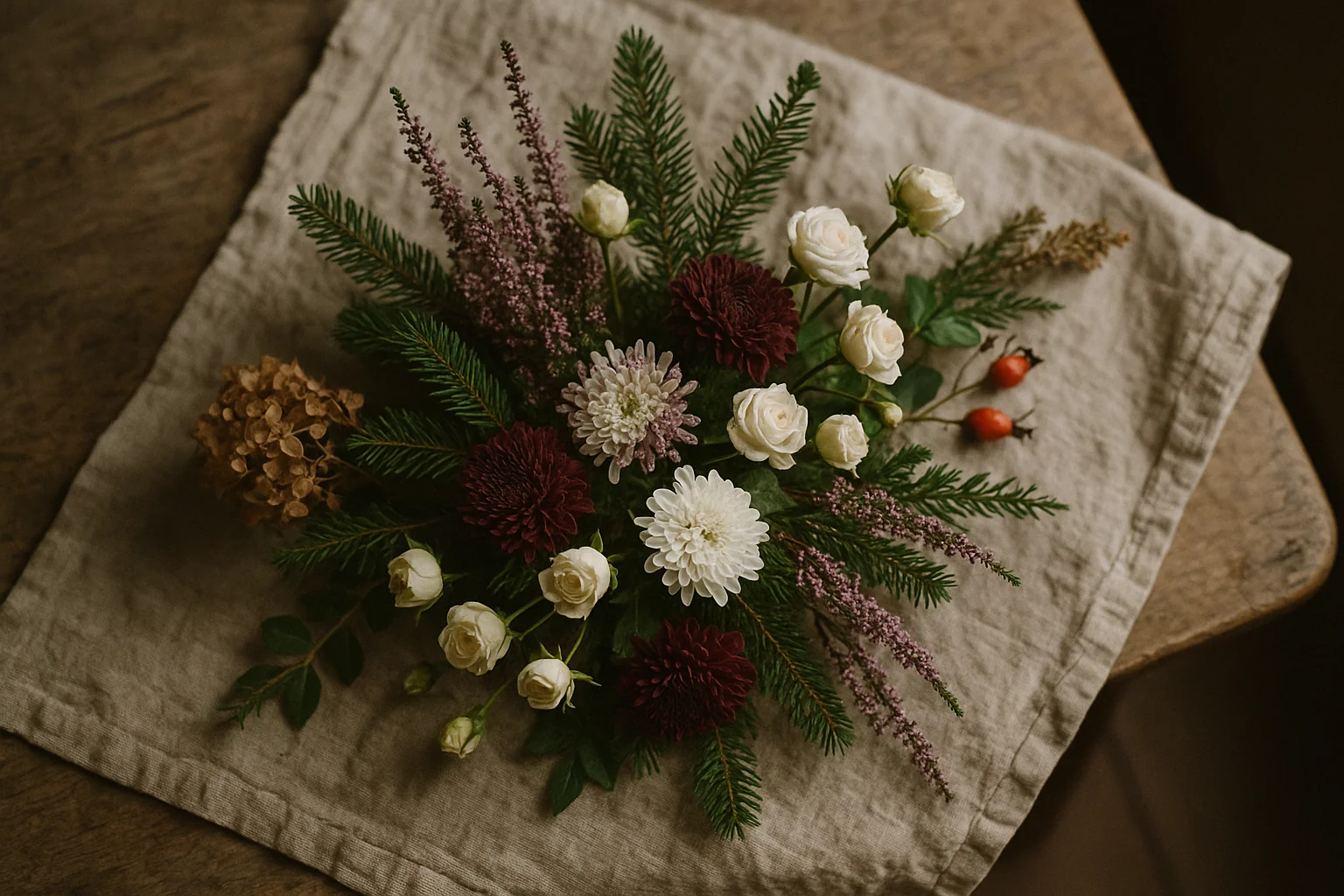Herfstboeket met chrysanten, heide en rozenbottels