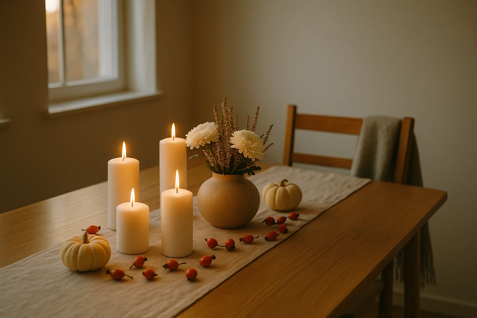 Nederlandse eettafel met witte kaarsen, herfstboeket en linnen loper voor Allerheiligen