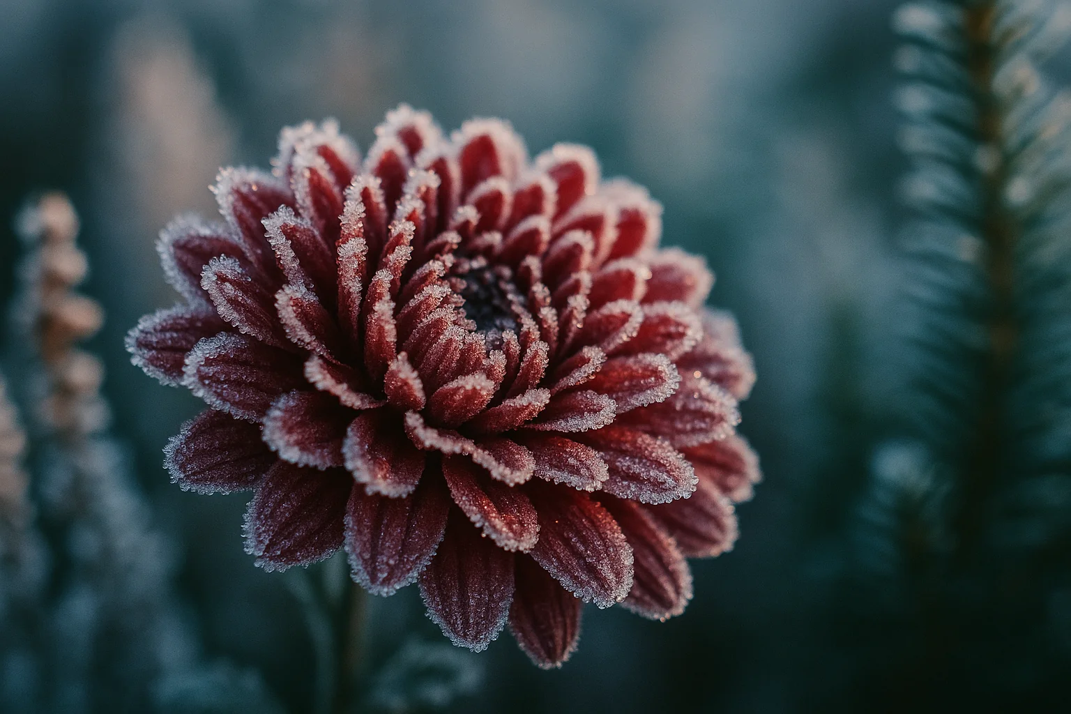 Chrysant met rijp in het ochtendlicht, bestand tegen vorst