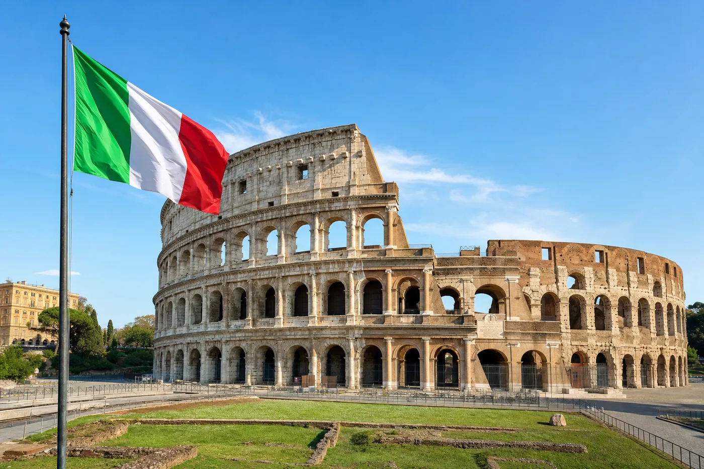 Italië – bekend monument met de nationale vlag
