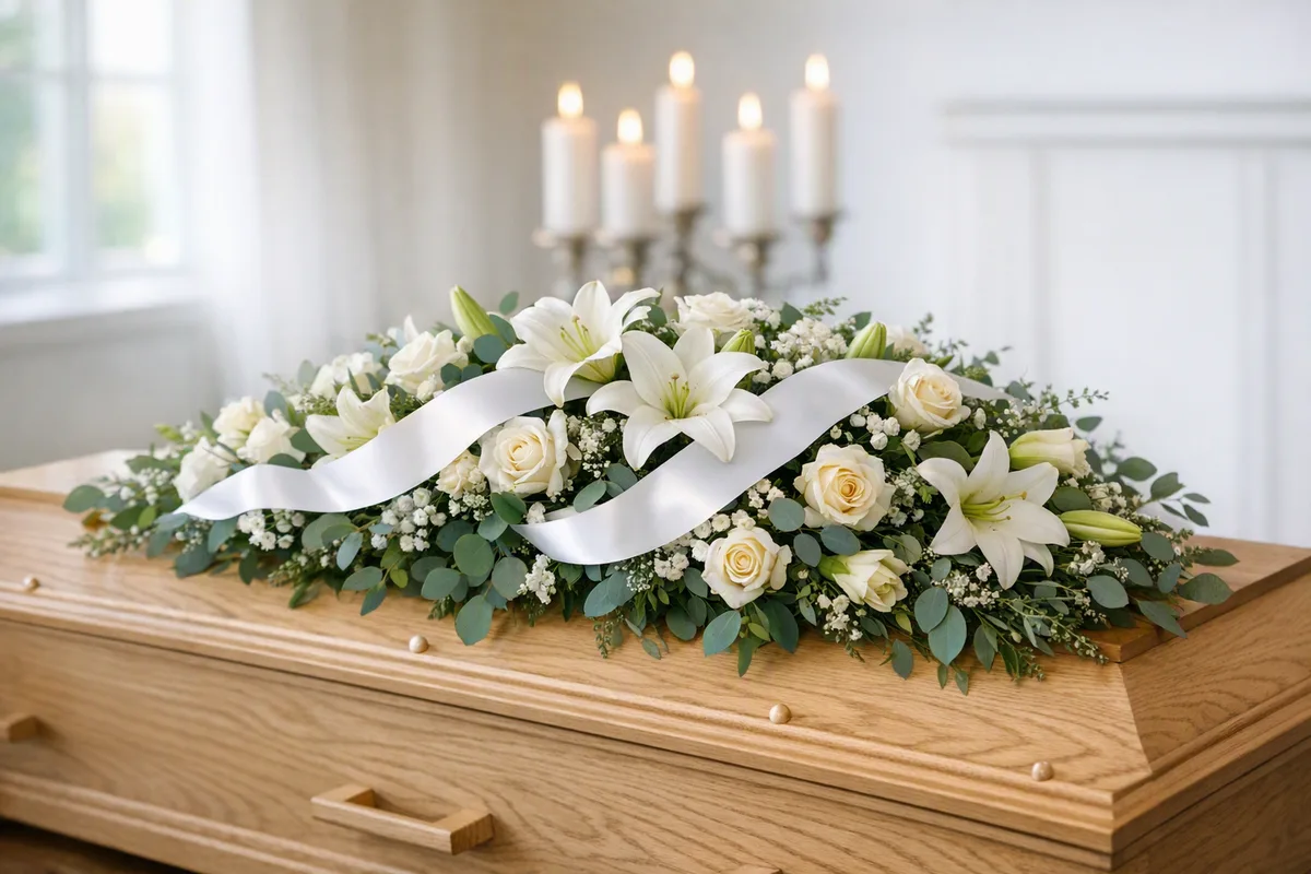 Rouwstuk met witte lelies en rozen op de kist