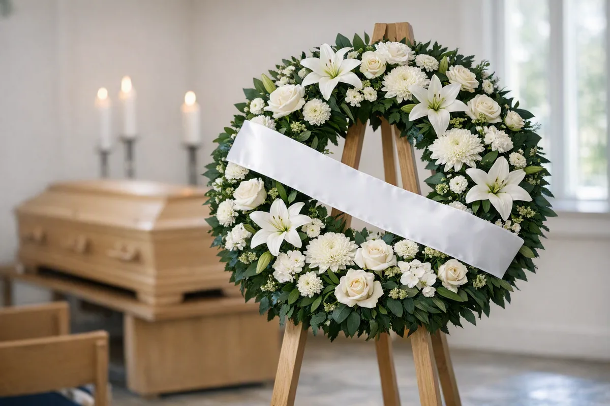 Rouwkrans met witte lelies en rozen op standaard met lint